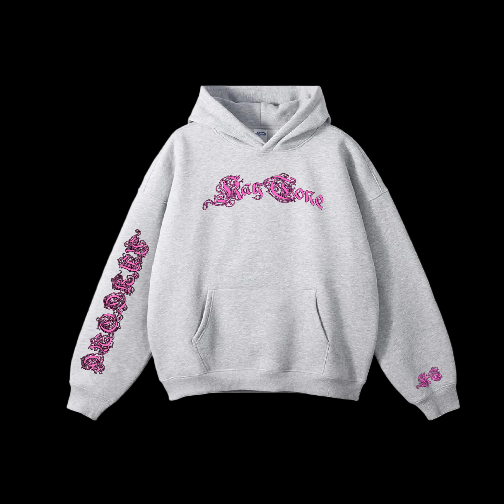 Gray hoodie with pink text and designs on a black background